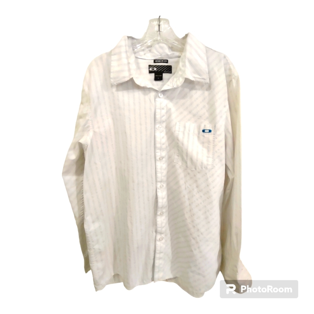 Oakley Men's Long Sleeve Button Down Casual Shirt Size Large White w Blue Stripe